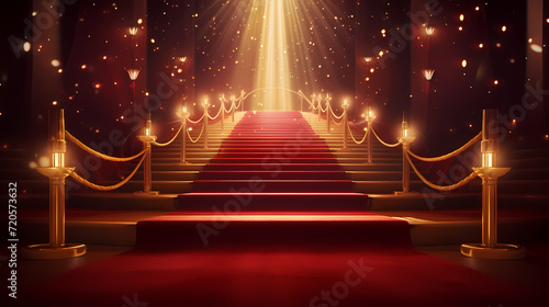 Red carpet staircase with smoke and spotlights, holiday awards ceremony event