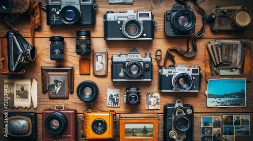 A flat lay of a vintage camera collection displaying various film cameras lenses rolls of film and old photographs carefully arranged on a wooden surface.