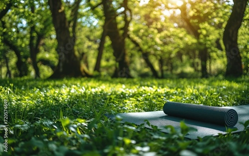 Yoga mat laid out on a grassy patch surrounded by trees