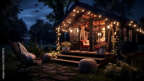 Beautiful wooden cottage in the forest at night. Wooden cottage with lights