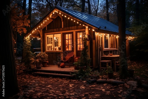 Wooden cottage in the forest at night with a view of the forest