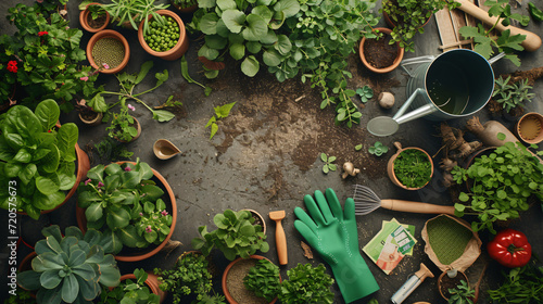 A flat lay of summer gardening tools including gloves a watering can seed packets and a variety of potted plants on an earthy background. photo