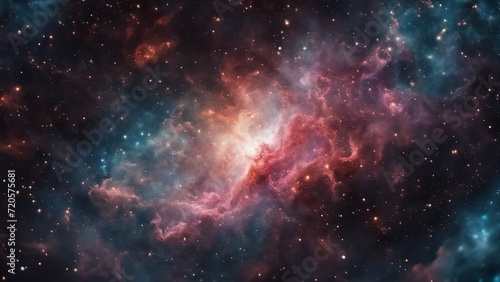 background with stars nebula in space, a cloud of gas and dust where stars are born. The nebula is a mixture of red, pink, and blue colors, creating a beautiful contrast. 