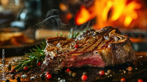 Porterhouse Steak against a cozy fireplace setting