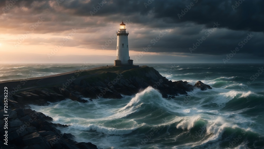 Lonely lighthouse at dusk, ocean waves crashing below, moody sky above, 8k. generative AI