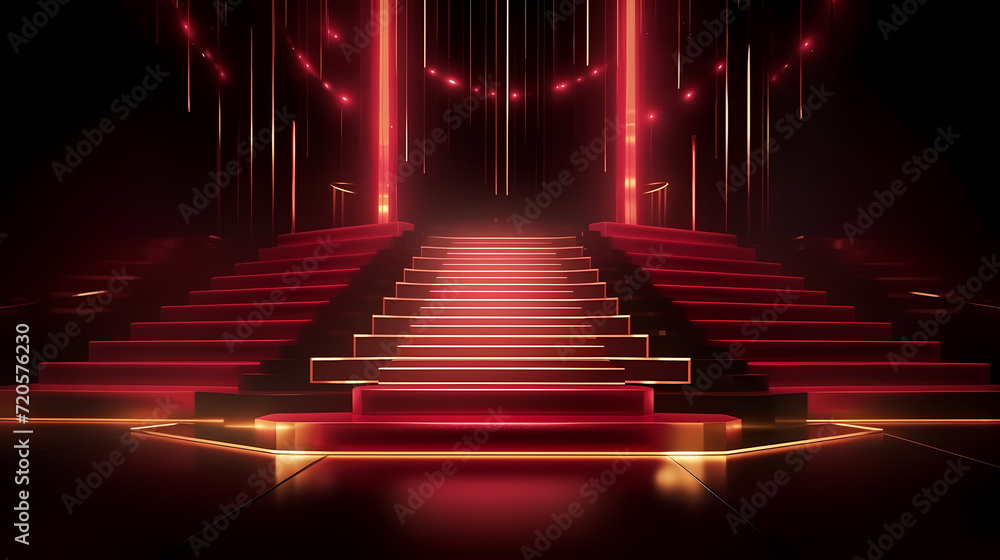 Red carpet staircase with smoke and spotlights, holiday awards ceremony event Red carpet staircase with smoke and spotlights, holiday awards ceremony event