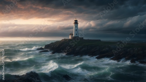 Lonely lighthouse at dusk, ocean waves crashing below, moody sky above, 8k. generative AI