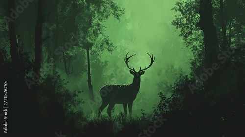 In this captivating digital image  a mystical deer stands in the midst of a luminous green forest glade  exuding a sense of magic and tranquility.