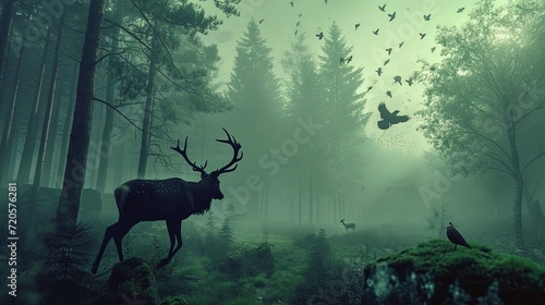 A stag stands prominently in a foggy forest as birds take flight around it  creating a scene of natural serenity and mystery.