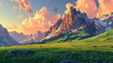 Digital art of a vibrant sunset casting warm light over a blooming mountain meadow, with majestic peaks rising in the background.