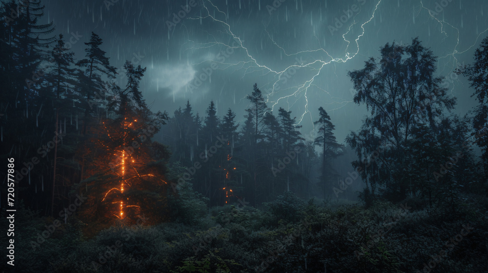 A forest during a thunderstorm with lightning illuminating the trees and heavy rain. - obrazy, fototapety, plakaty 
