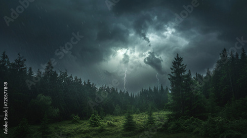 A forest during a thunderstorm with dark clouds heavy rain and occasional flashes of lightning.