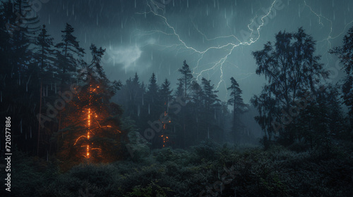 A forest during a thunderstorm with lightning illuminating the trees and heavy rain. photo