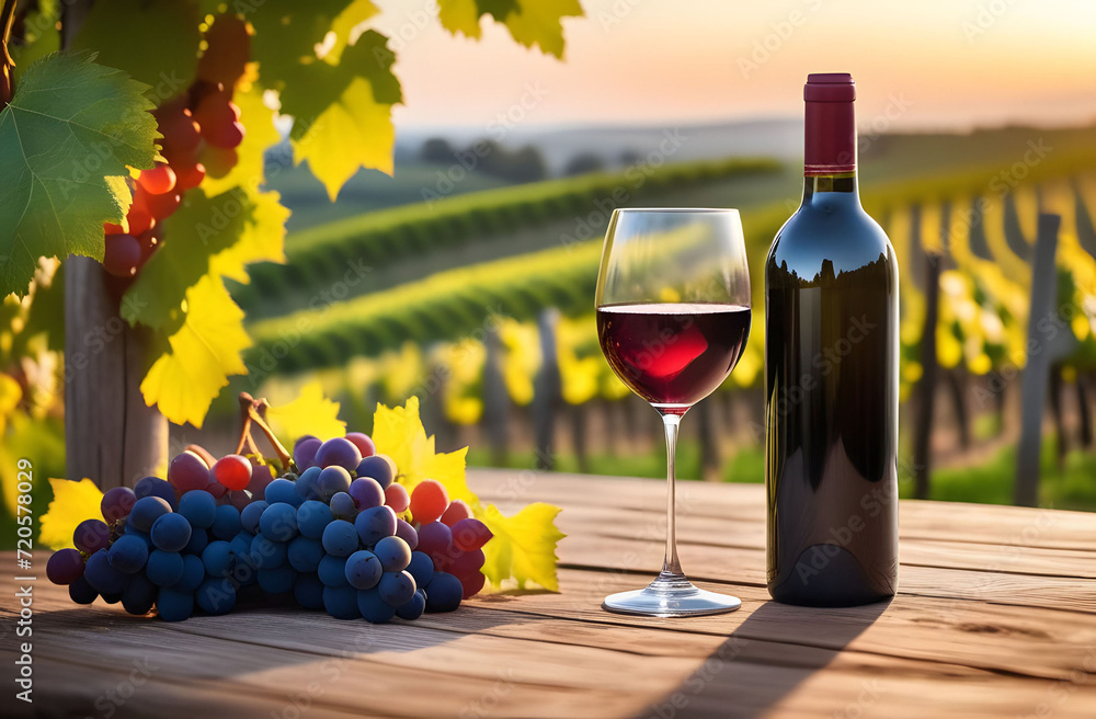 Bottle and glass of red wine on a wooden table against the backdrop of a vineyard. Red grapes and summer sunset. Copyspace. Alcoholic drinks. Delicious and tasty.