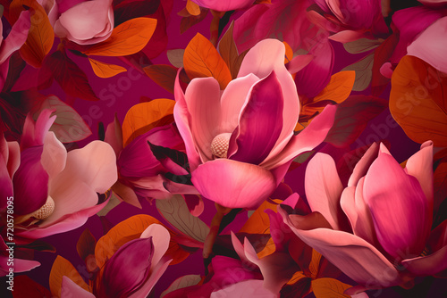 Vibrant floral botanical pattern with magnolia flowers. Floral background, Spring concept
