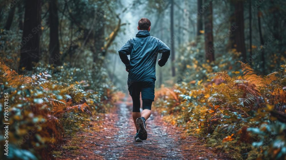 A man jogging on a trail in a forest A man jogging on a trail in a forest