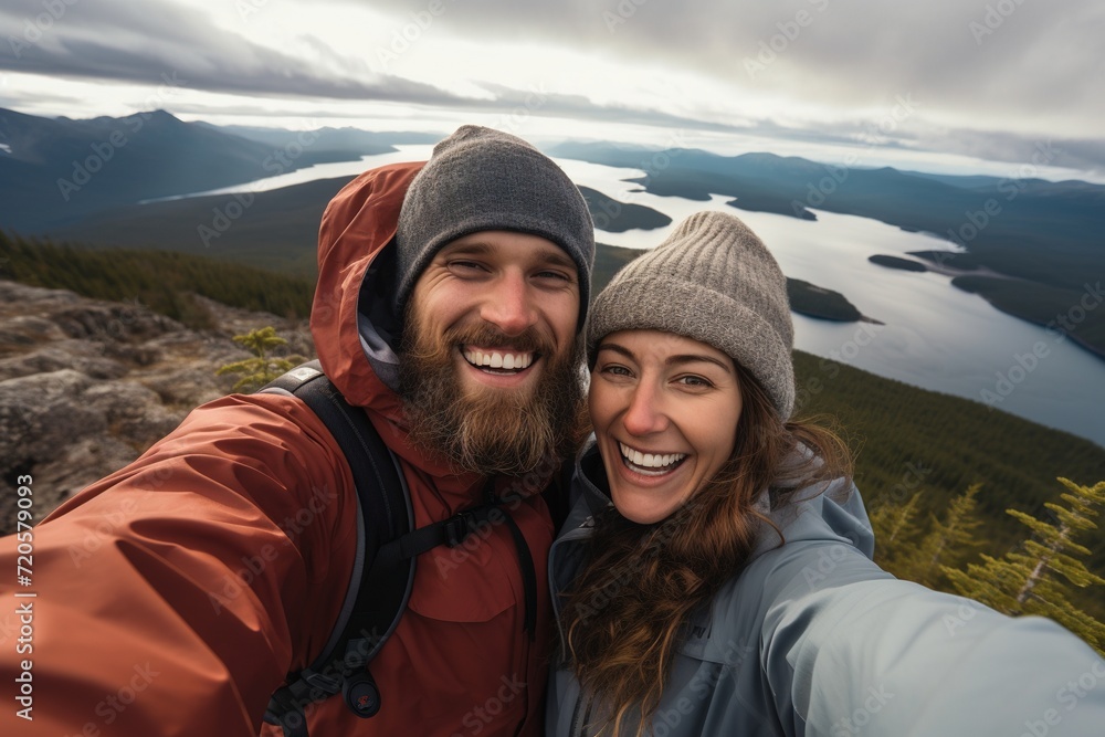 Adventurous couple sharing a selfie on a mountain trek, joy in the wild