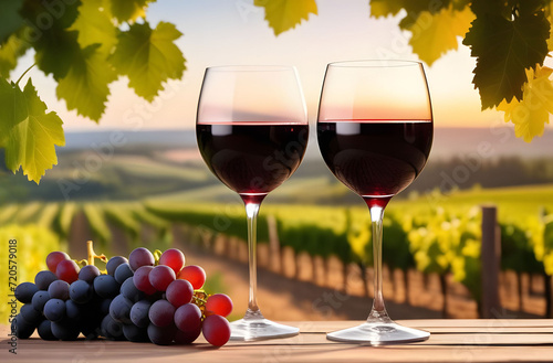 Two glasses of red wine on a wooden table against the backdrop of a vineyard. Red grapes and summer sunset. Alcoholic drinks. Delicious and tasty.