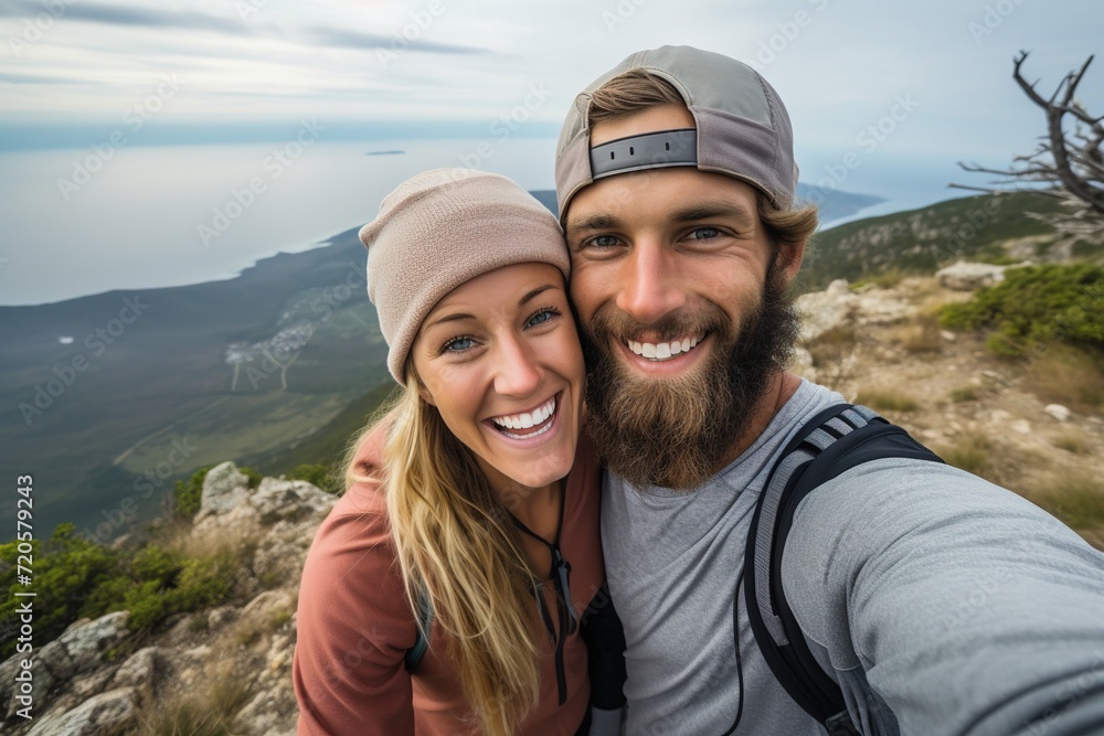 Adventurous couple sharing a selfie on a mountain trek, joy in the wild