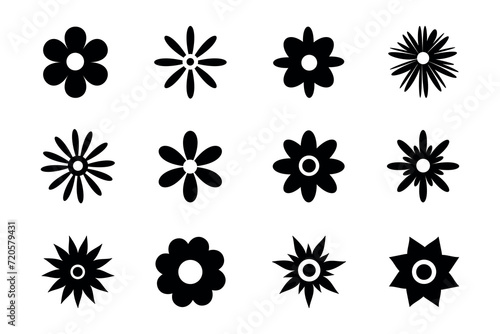 Flower icon silhouettes isolated on white background. Simple daisy flowers black silhouettes set. Flowers head symbol set