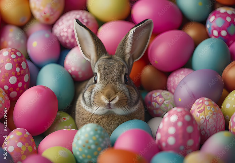 Bunny Amidst Easter Eggs in Blue and Red on a Blue Background with Copy Space: A Festive Spring Celebration, 	generative ai. 