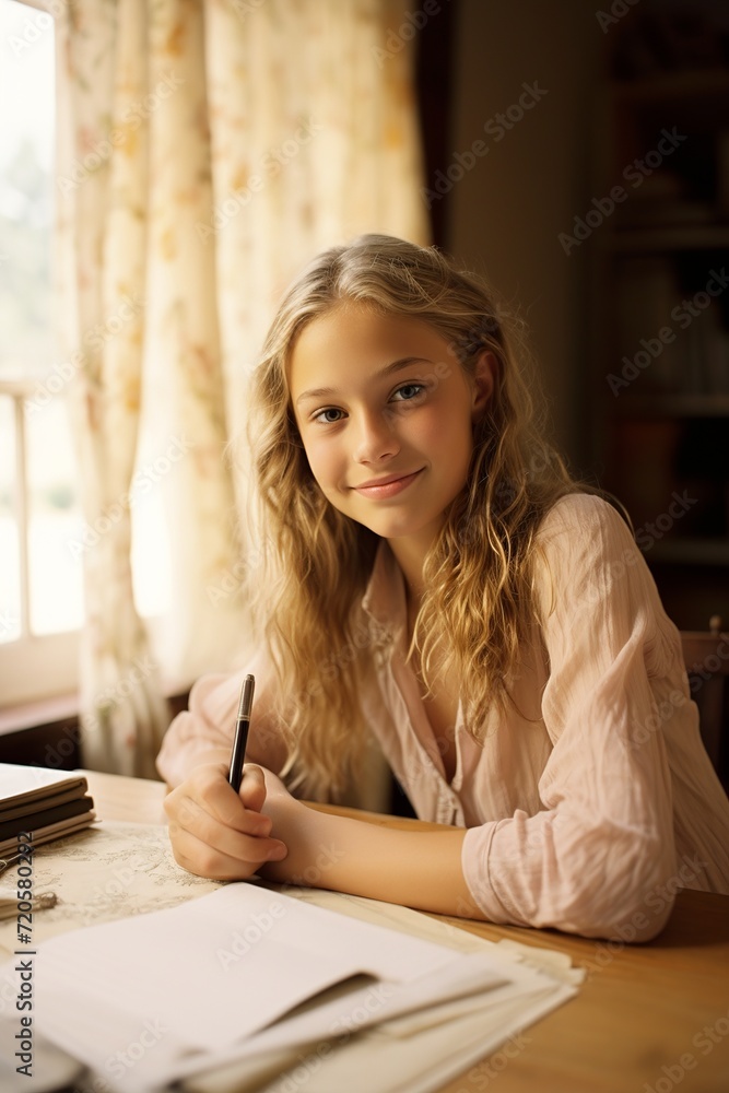 Smiling Young Girl Studying Happily at Home Smiling Young Girl Studying Happily at Home