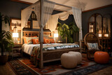 eclectic bedroom with a bohemian canopy bed