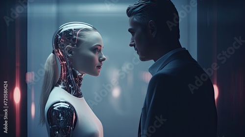 Couple in love: a man and a futuristic android robot. Technological sci-fi background. Relationship between human and artificial intelligence.