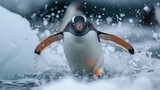 Gentoo penguin slides downhill to the ocean on Danko Island, Antarctica.