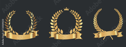 Set of golden laurel wreaths with ribbon. Vector on black background