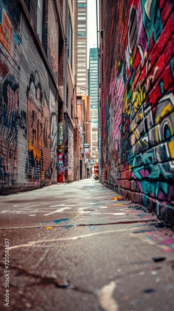 Fototapeta premium Bright graffiti that stretches along the wall. Dynamic visual storytelling in a vibrant cityscape.