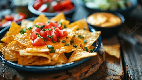 Nachos and Cheese Dip Platter against wooden table