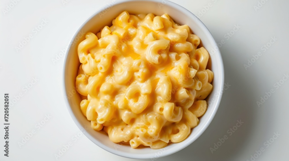 Top down shot of Creamy Macaroni and Cheese on a clean white background
