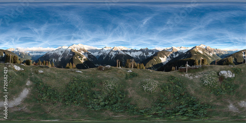 Photography equirectangular panorama 360 degrees green mountains and hills