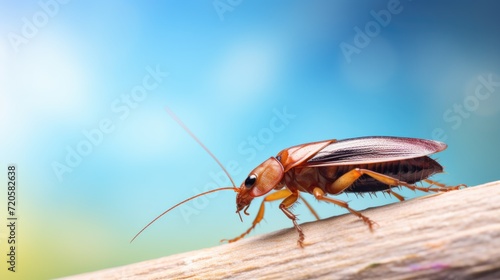 Closeup cockroach portrait on the wood against blue sky