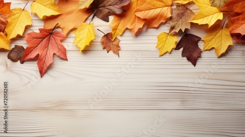 autumn leaves on bright wood textured background with copy space