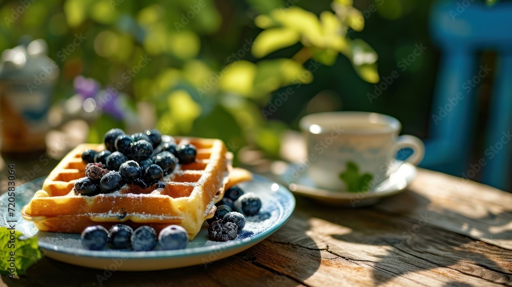 Blueberry Waffles against a garden brunch table Blueberry Waffles against a garden brunch table