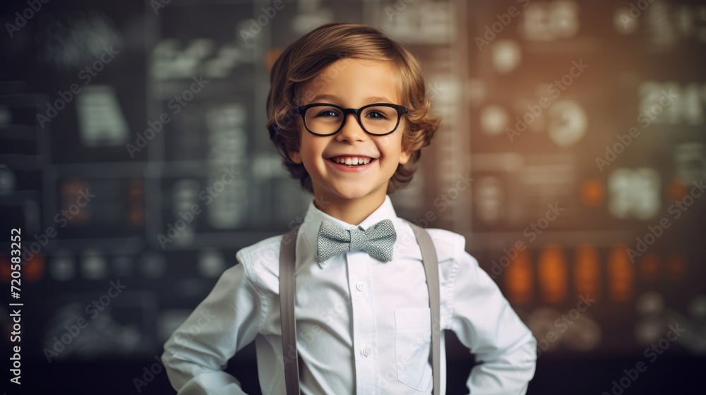 6 year old boy stands as a professor with a bow tie in front of a blackboard with formulas 6 year old boy stands as a professor with a bow tie in front of a blackboard with formulas