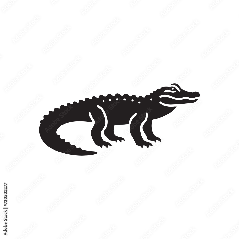 Naklejka premium Guardian of the Glades: Alligator Silhouette Series Stalwartly Standing Watch Over the Serene Wetland - Alligator Illustration - Alligator Vector - Reptile Silhouette