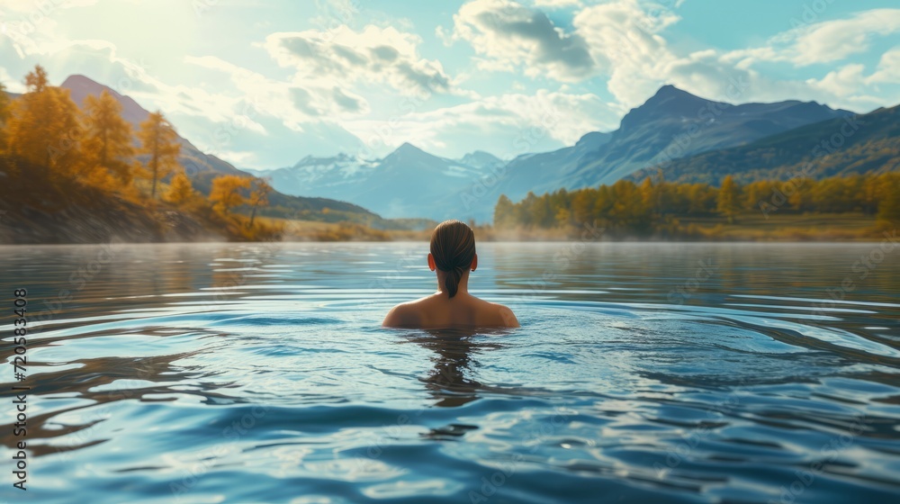 young woman swimming at sunset in a romantic calm lake young woman swimming at sunset in a romantic calm lake
