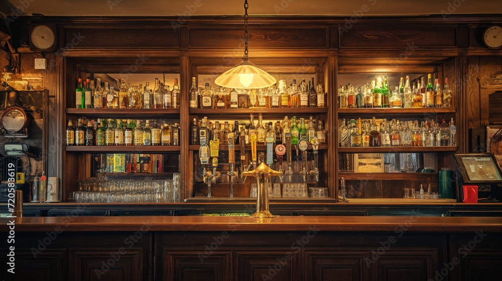 the counter bar in a cosy old english or irish pub with lots of whisky bottles in the background - obrazy, fototapety, plakaty 