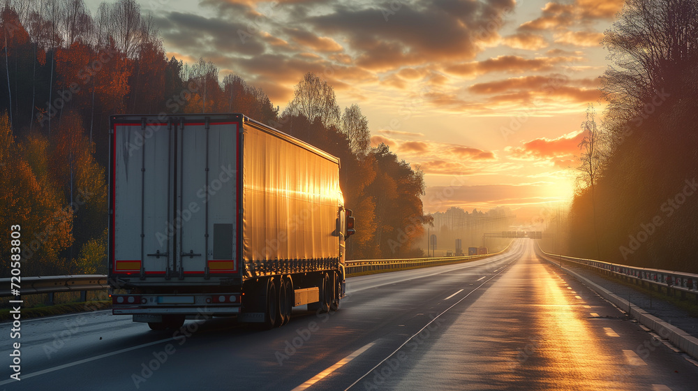 A freight truck races down the highway, ensuring punctual delivery of valuable cargo, symbolizing the commitment to timely and reliable transportation A freight truck races down the highway, ensuring punctual delivery of valuable cargo, symbolizing the commitment to timely and reliable transportation