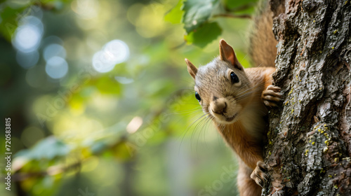 A curious squirrel peeking out from behind a tree its bushy tail and bright eyes adding a playful element to the forest scene. © Lucas