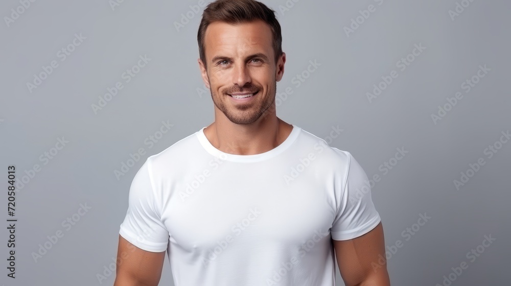 Fototapeta premium attractive strong man in white mock-up T-Shirt, looking into camera