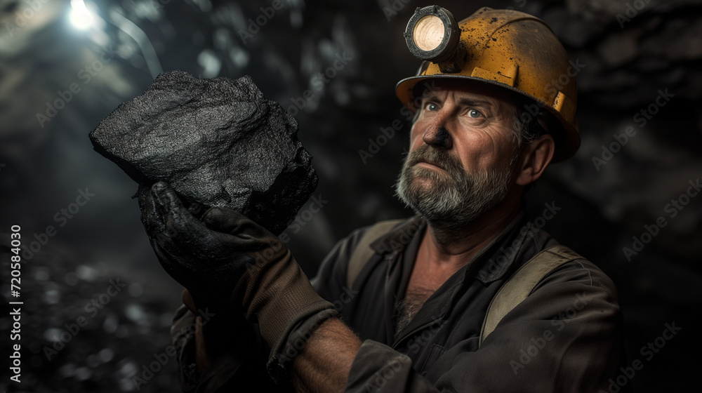 A coal miner grasping a chunk of coal, with black dust on their face and work clothes, in a dimly lit mine