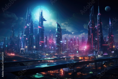 Fantasy alien city with flying saucers. 3D rendering  Spectacular nighttime in a cyberpunk city of the futuristic fantasy world featuring skyscrapers  flying cars  and neon lights  AI Generated