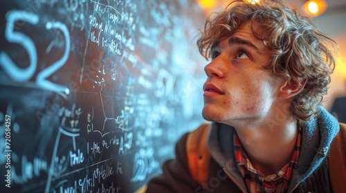 Frustrated student looking at an incorrectly solved math equation on the blackboard. Difficulties in studying, unwillingness to do homework, did not pass the exam.