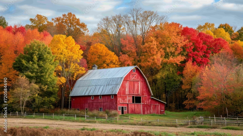 Shot of a red barn surrounded by vibrant autumn foliage Shot of a red barn surrounded by vibrant autumn foliage