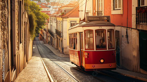 A historic cable train ascending a steep hill in a quaint old town.