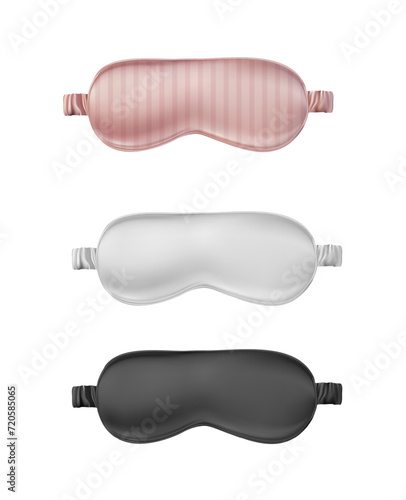 3d realistic vector illustration. Set of white, black and pink sleeping masks.